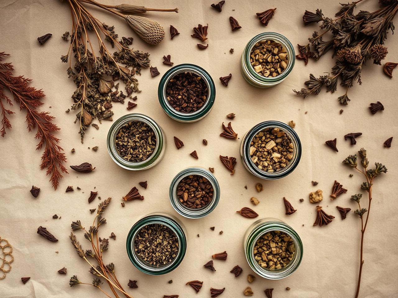 Glass apothecary jars filled with dried herbs